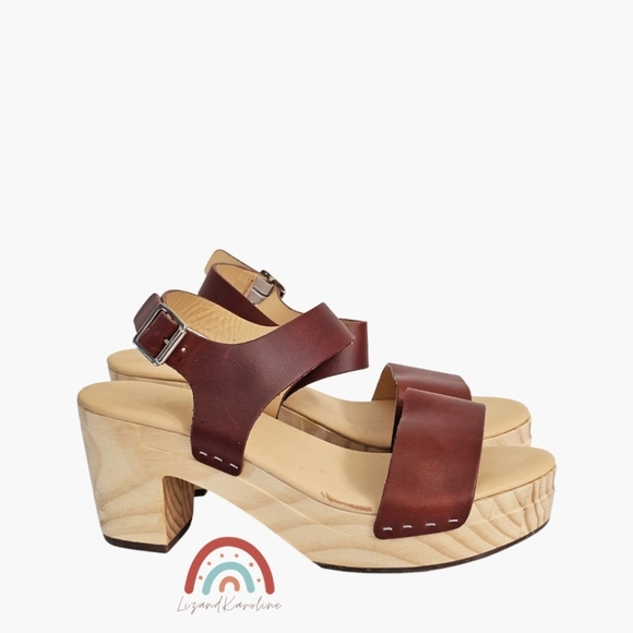 New! Nisolo All Day Open Toe Clog Leather Wood Chunky Platform Sandals in Brandy - Picture 4 of 16